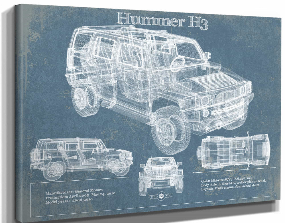 14" x 11" / Stretched Canvas Wrap Cutler West Hummer H3 Vintage Blueprint Auto Print