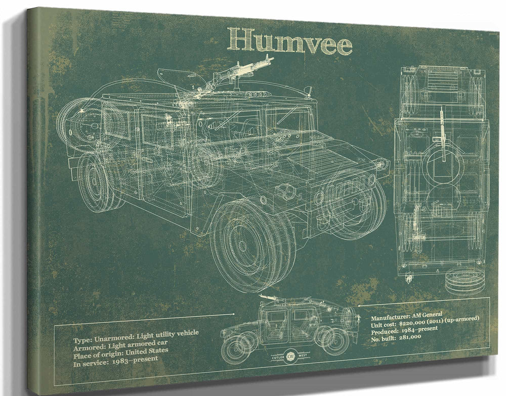 14" x 11" / Stretched Canvas Wrap Cutler West Humvee Jeep Army Truck Original Patent Print