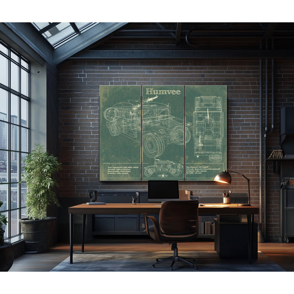 Humvee Jeep Army Art Print as a 3 panel canvas wrap in an industrial loft office