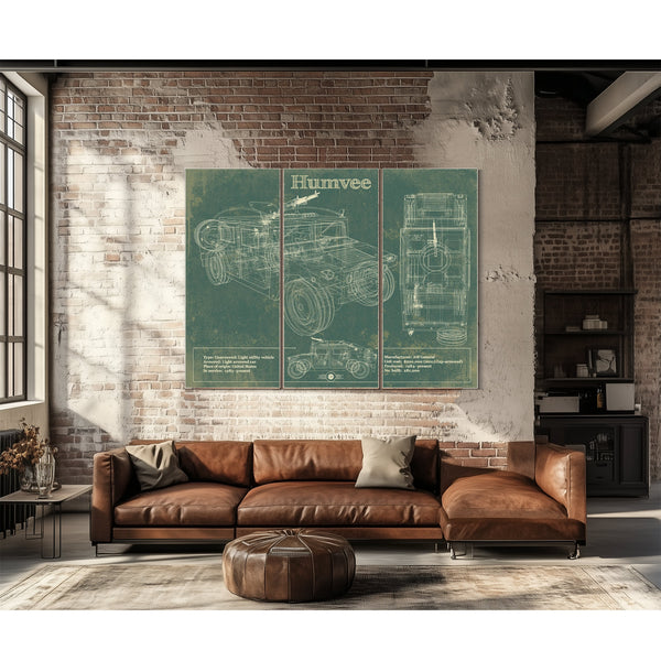 Humvee Jeep Army Art Print as a 3 panel canvas wrap above a leather sofa