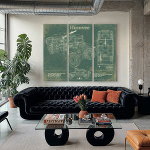 Humvee Jeep Army Art Print as a 3 panel canvas wrap in a modern living room