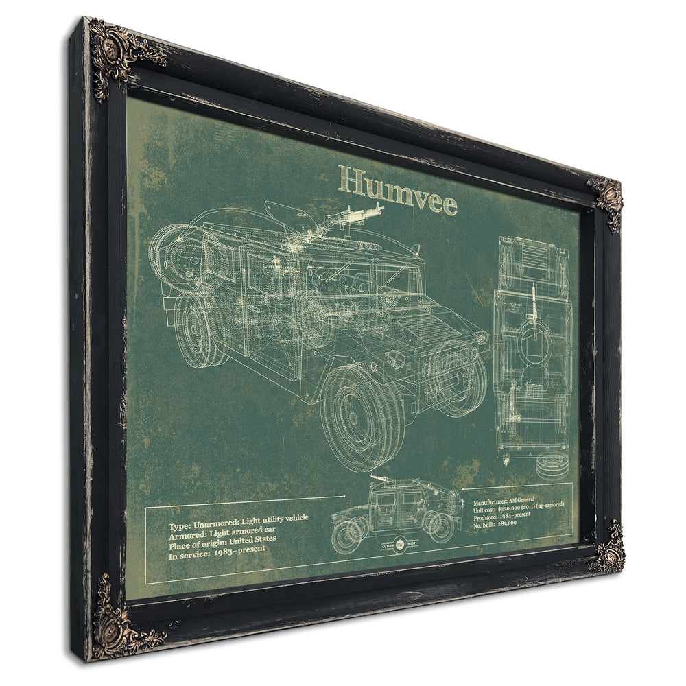 Humvee Jeep Army Art Print in a distressed Vintage Black wood frame with ornate corners