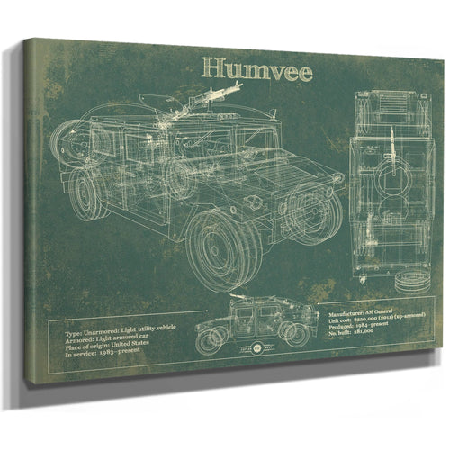 Humvee Jeep Army Art Print as a stretched canvas wrap with gallery wrapped edges
