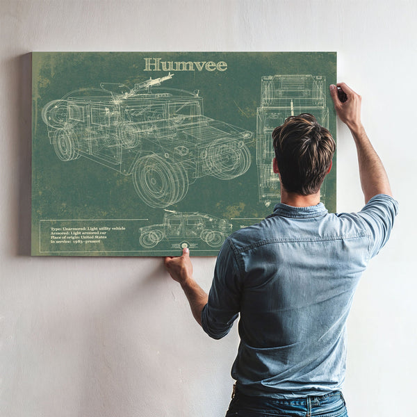Humvee Jeep Army Art Print framed in Vintage Black above a mid-century record console