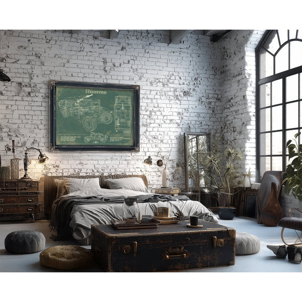 Humvee Jeep Army Art Print framed in Vintage Black in a farmhouse entryway
