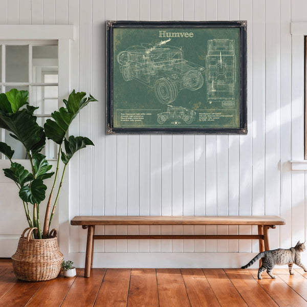 Humvee Jeep Army Art Print framed in Vintage Black above a rustic console table