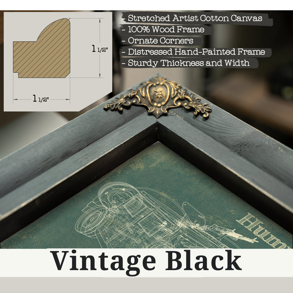 Vintage Black frame corner detail, 1.5 inch ornate wood moulding, Humvee Jeep Army Art Print