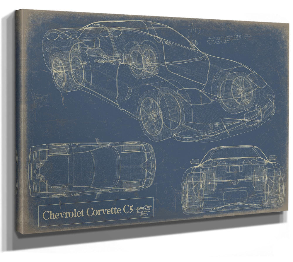 Cutler West Chevrolet Corvette C5 blueprint with multiple views on blue background, stretched canvas wrap
