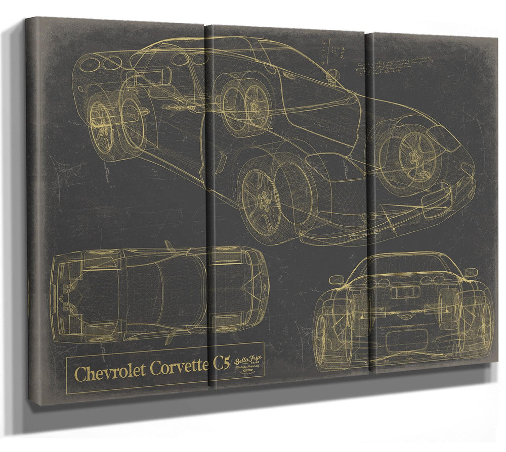 Cutler West Chevrolet Corvette C5 blueprint with multiple views on blue background, stretched canvas wrap