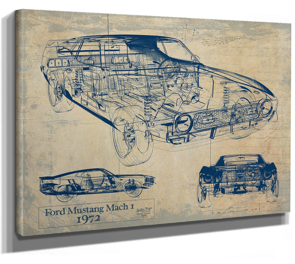 Cutler West Ford Mustang Mach 1 1972 technical blueprint drawing on tan canvas wrap showing side, top and front views