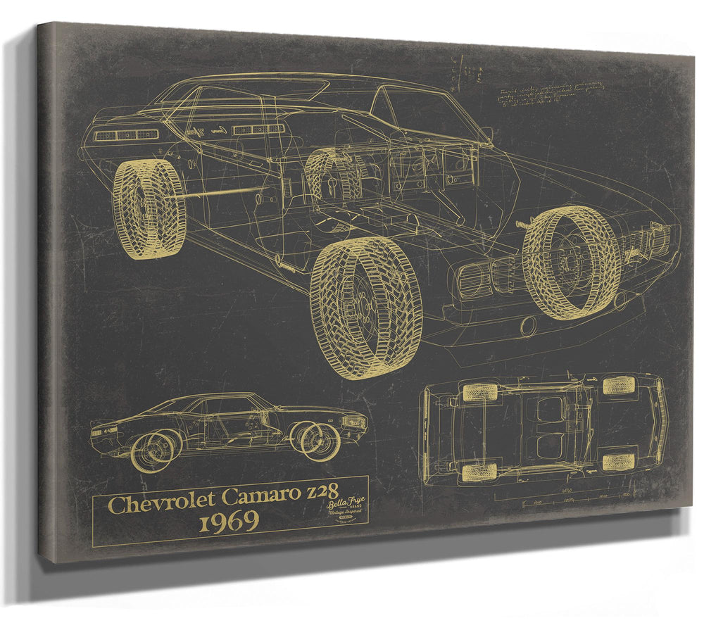Cutler West 1969 Chevrolet Camaro Z28 blueprint print on grey stretched canvas with side, front, and top views