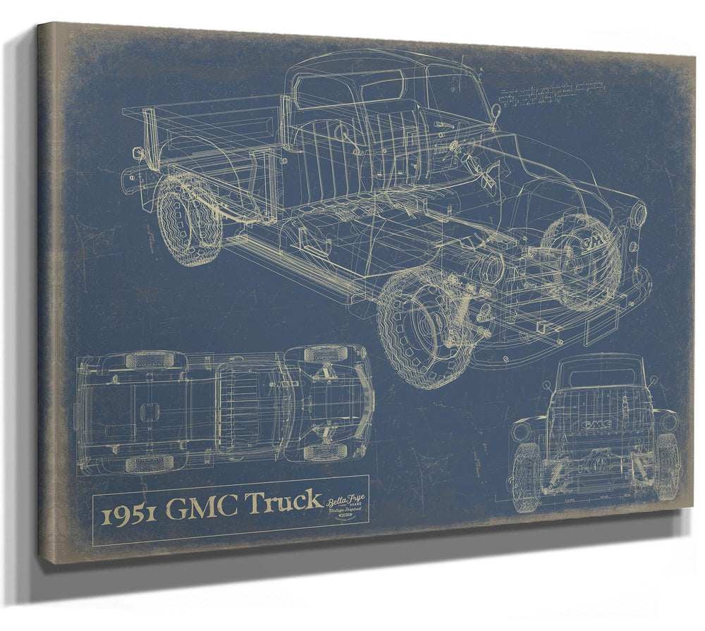 Cutler West 1951 GMC Truck blueprint art on blue background stretched canvas wrap