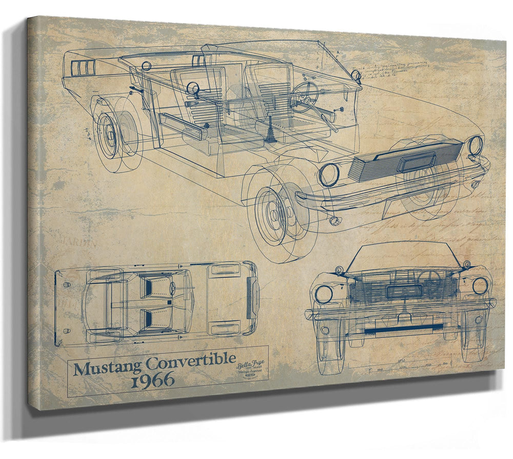 Cutler West 1966 Mustang Convertible blueprint print on brown stretched canvas showing side, top, and front views
