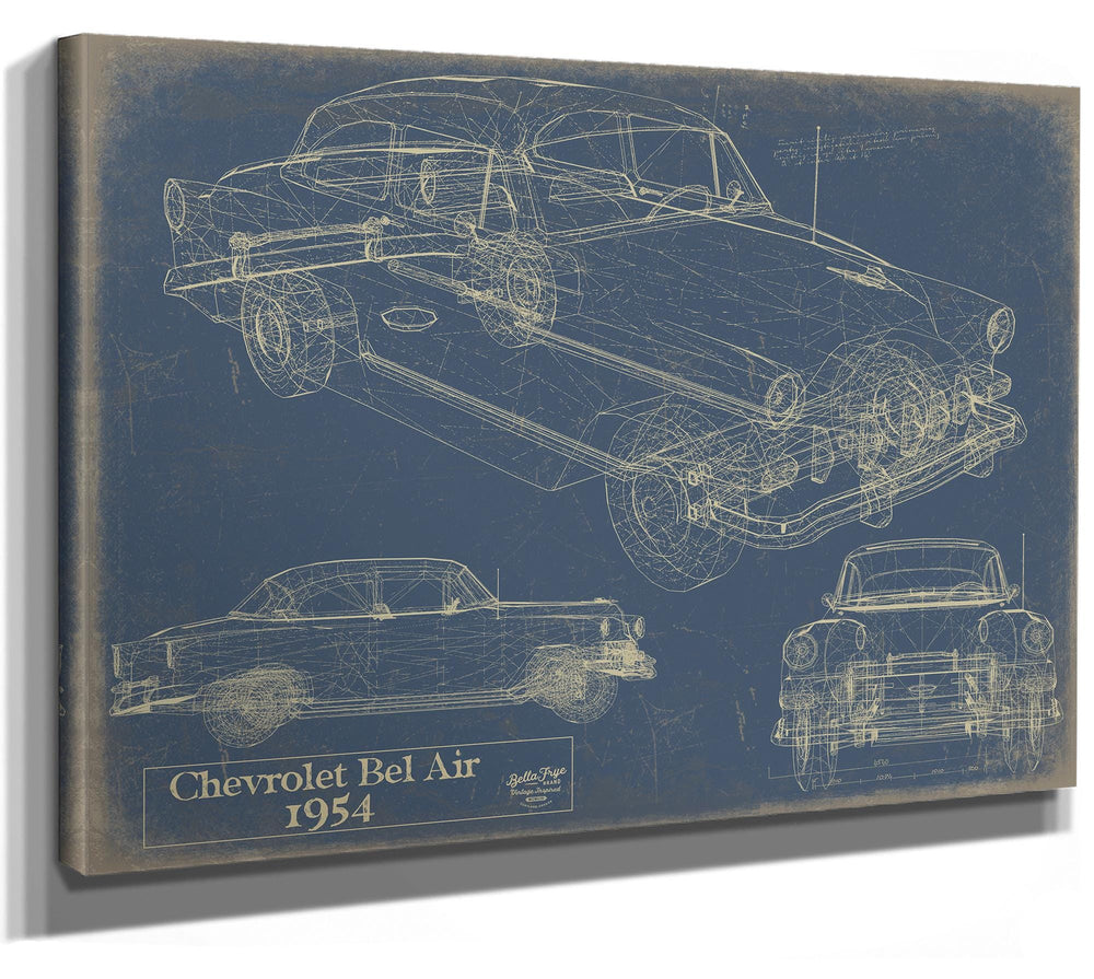 Cutler West 1954 Chevrolet Bel Air blueprint with multiple technical views on blue background, stretched canvas