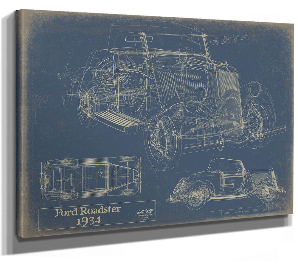 Cutler West 1934 Ford Roadster technical blueprint on blue background, stretched canvas wrap showing top and side elevations