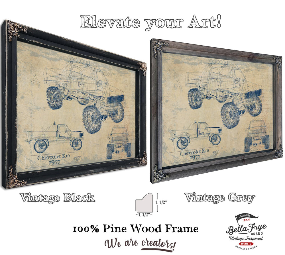 Cutler West Chevrolet K10 1977 blueprint print in black frame on blue background showing multiple truck angles