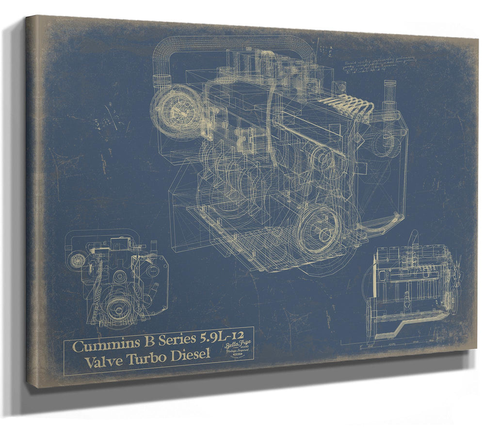 Cutler West Cummins B Series 5.9L-12 Valve Turbo Diesel engine blueprint on blue stretched canvas wrap