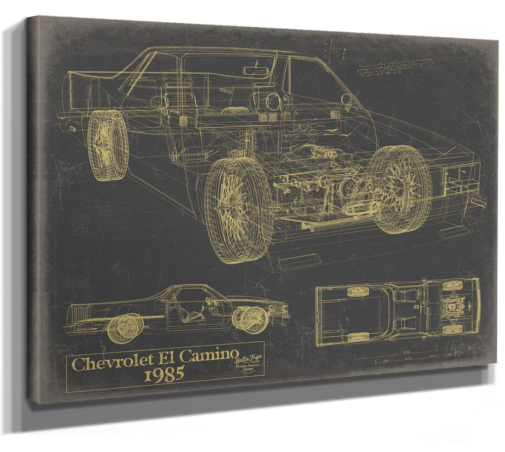 Cutler West 1985 Chevrolet El Camino technical blueprint with side and top views on grey stretched canvas