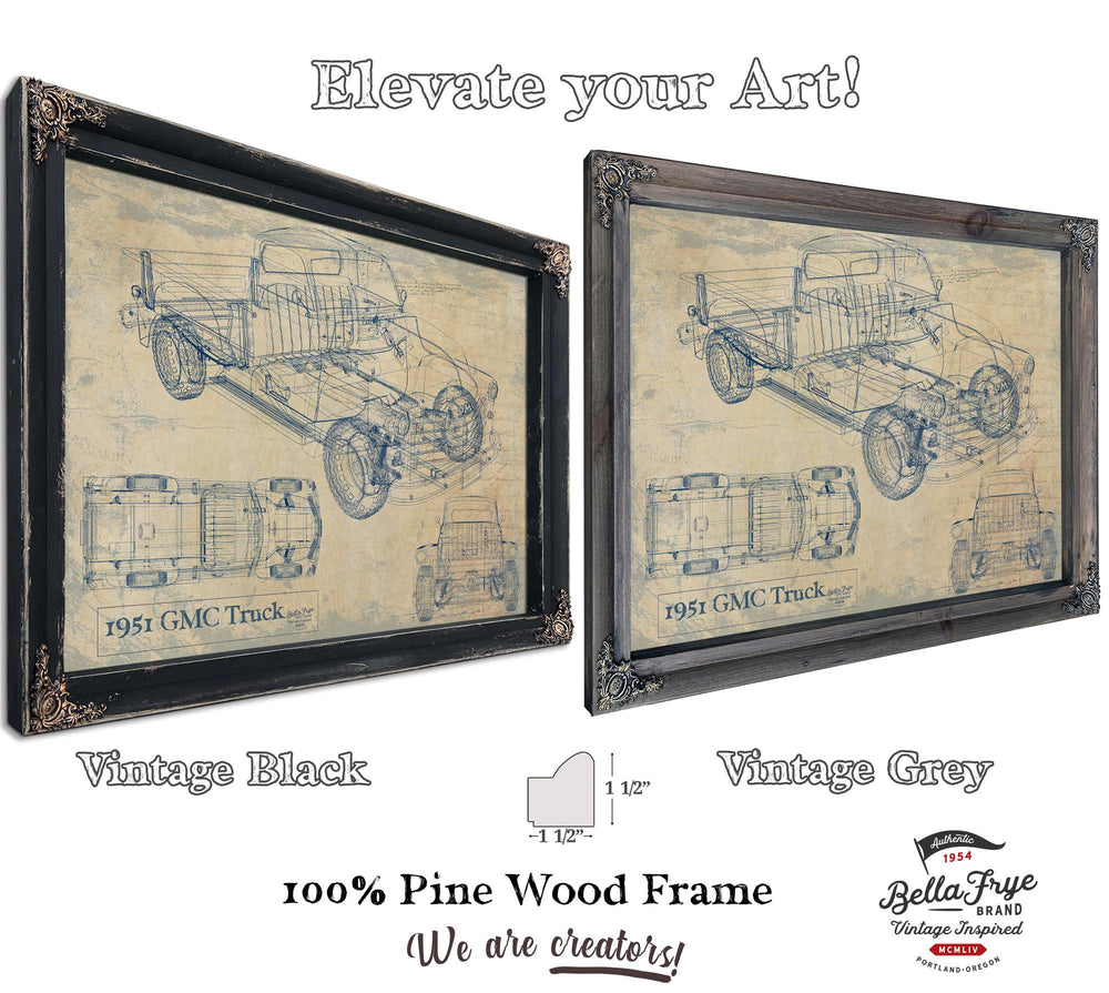 Cutler West 1951 GMC Truck blueprint art on blue background stretched canvas wrap