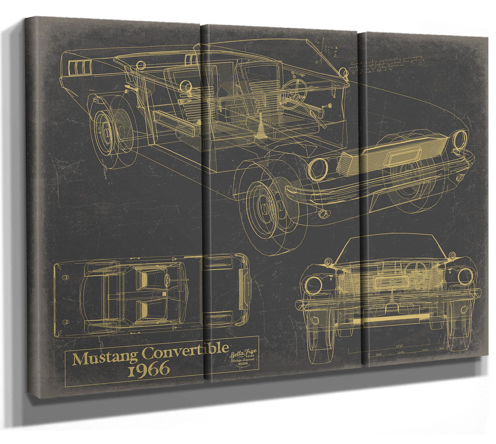 Cutler West 1966 Mustang Convertible blueprint print on brown stretched canvas showing side, top, and front views