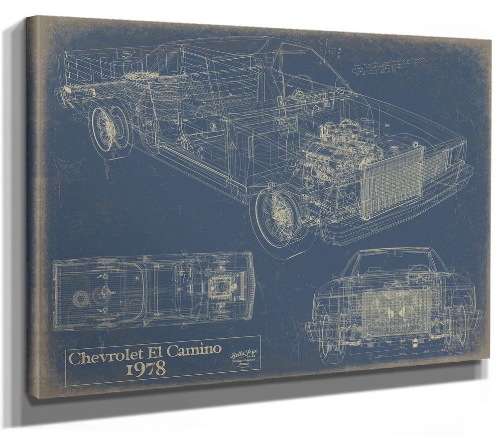 Cutler West 1978 Chevrolet El Camino blueprint with multiple technical views on blue background, stretched canvas