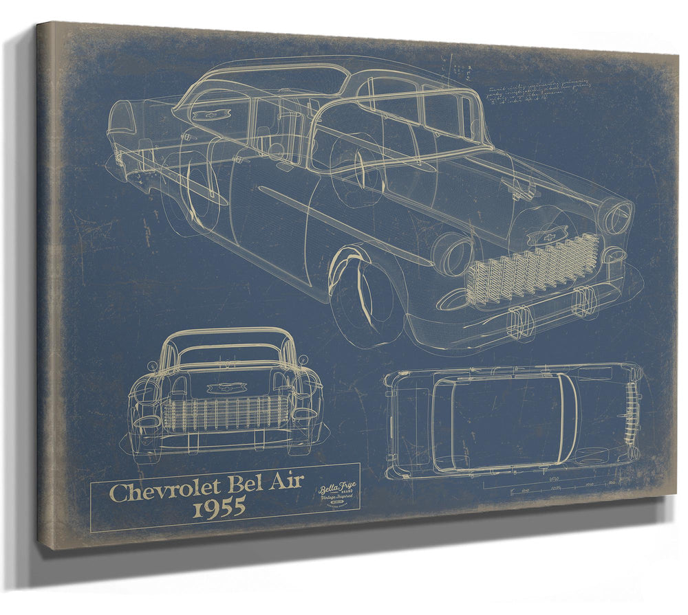 Cutler West 1955 Chevrolet Bel Air blueprint with side, rear, and top views on blue background stretched canvas