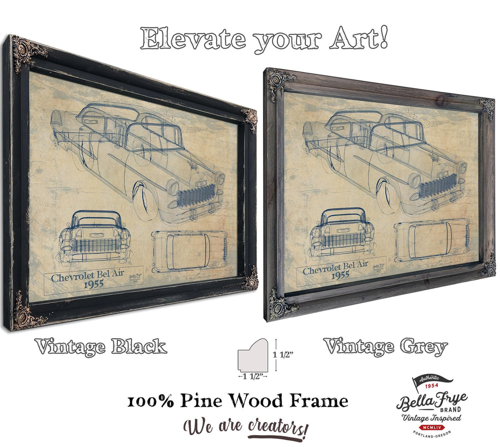 Cutler West 1955 Chevrolet Bel Air blueprint with side, rear, and top views on blue background stretched canvas