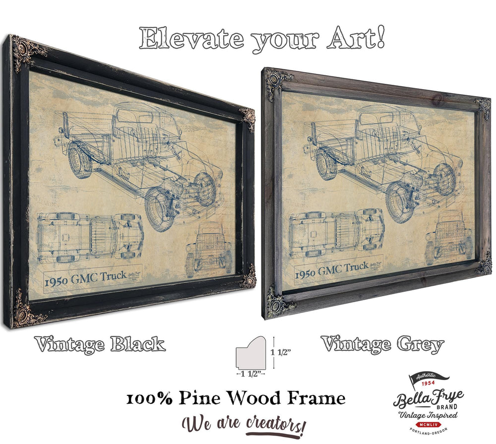 Cutler West 1950 GMC Truck blueprint print on blue stretched canvas wrap showing isometric and top-down technical views