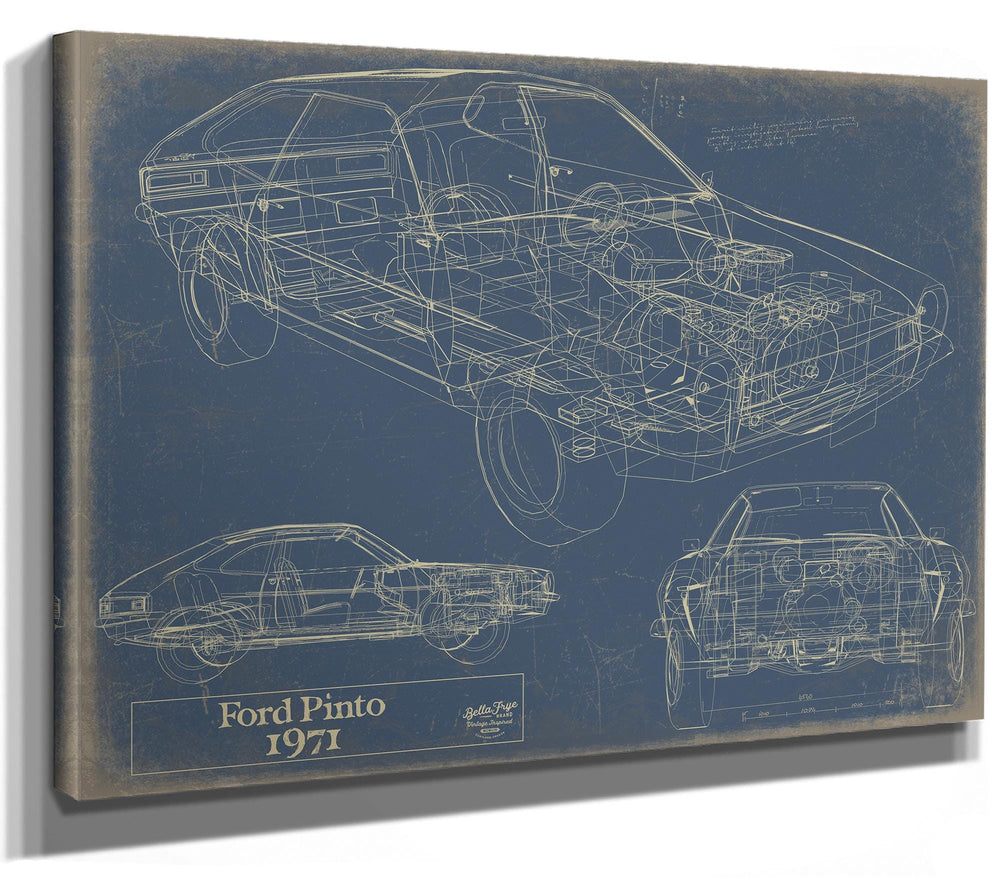 Cutler West 1971 Ford Pinto blueprint showing cutaway engine detail and chassis views on blue background, stretched canvas