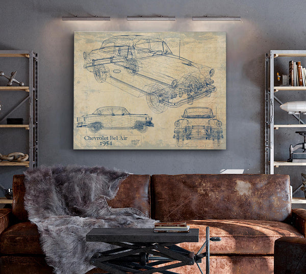 Cutler West Original 1954 Chevrolet Bel Air Hardtop Car Blueprint - Gifts for Dad - Mancave Decor