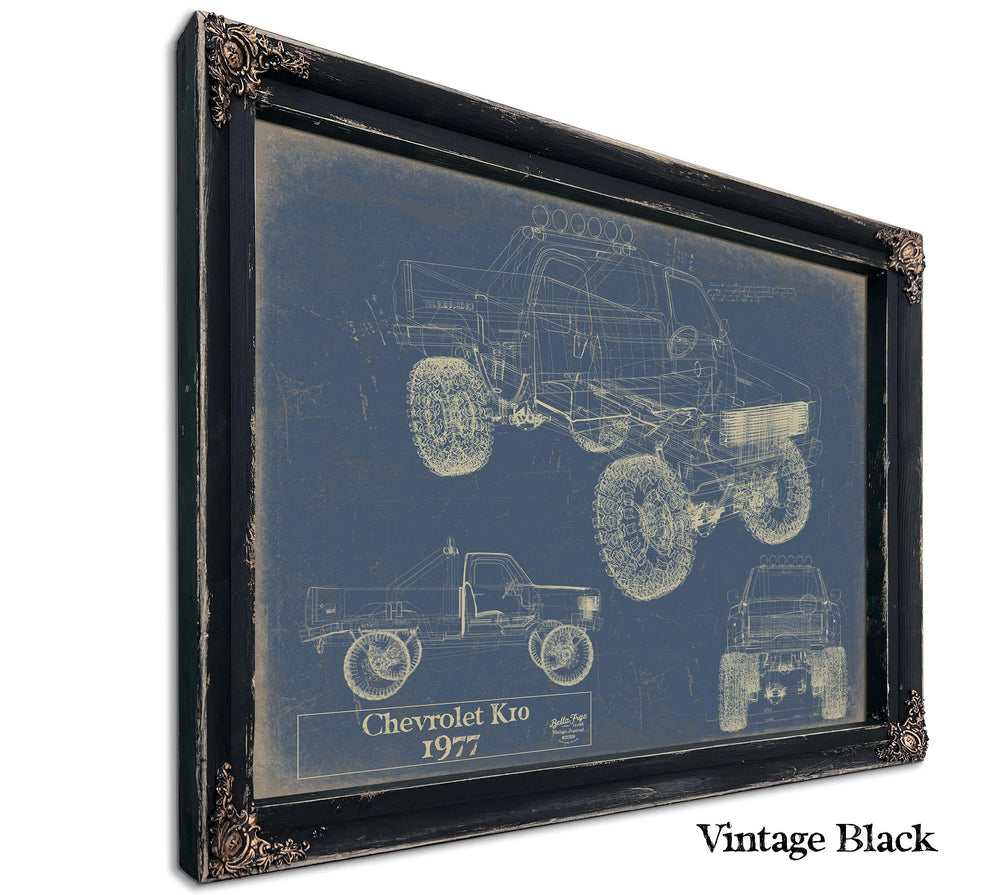 Cutler West Chevrolet K10 1977 blueprint print in black frame on blue background showing multiple truck angles