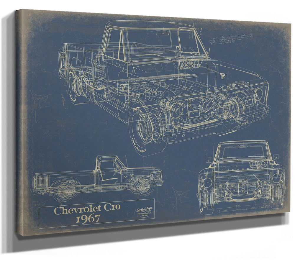 Cutler West 1967 Chevrolet C10 blueprint with multiple angle views on blue background, stretched canvas