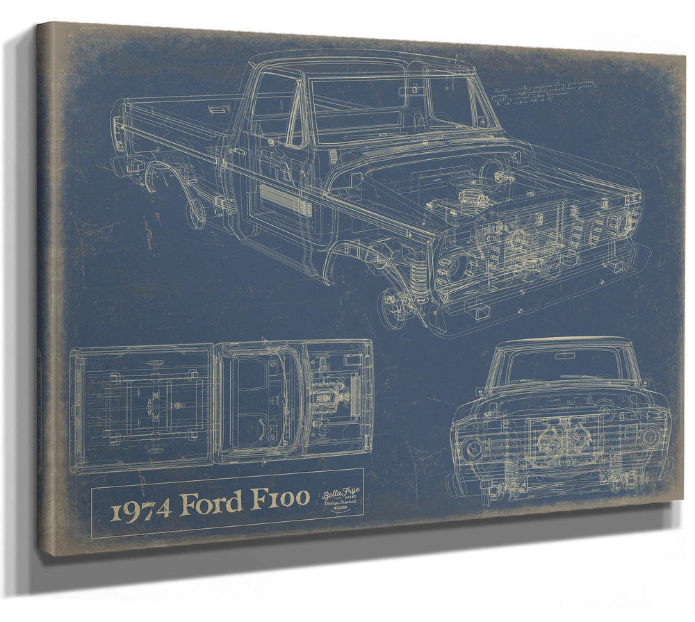 Cutler West 1974 Ford F100 truck blueprint on blue background, stretched canvas wrap