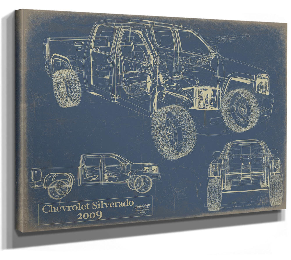 Cutler West 2009 Chevrolet Silverado blueprint print on stretched canvas wrap with blue background showing multiple vehicle angles