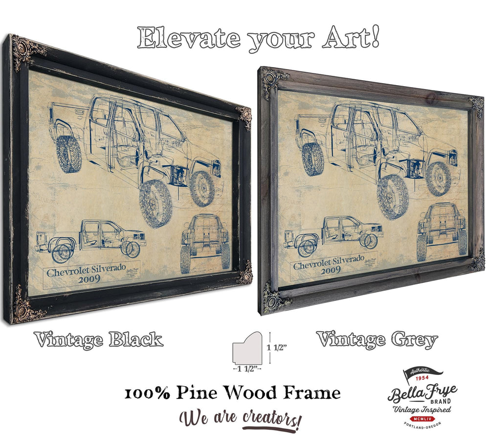 Cutler West 2009 Chevrolet Silverado blueprint print on stretched canvas wrap with blue background showing multiple vehicle angles