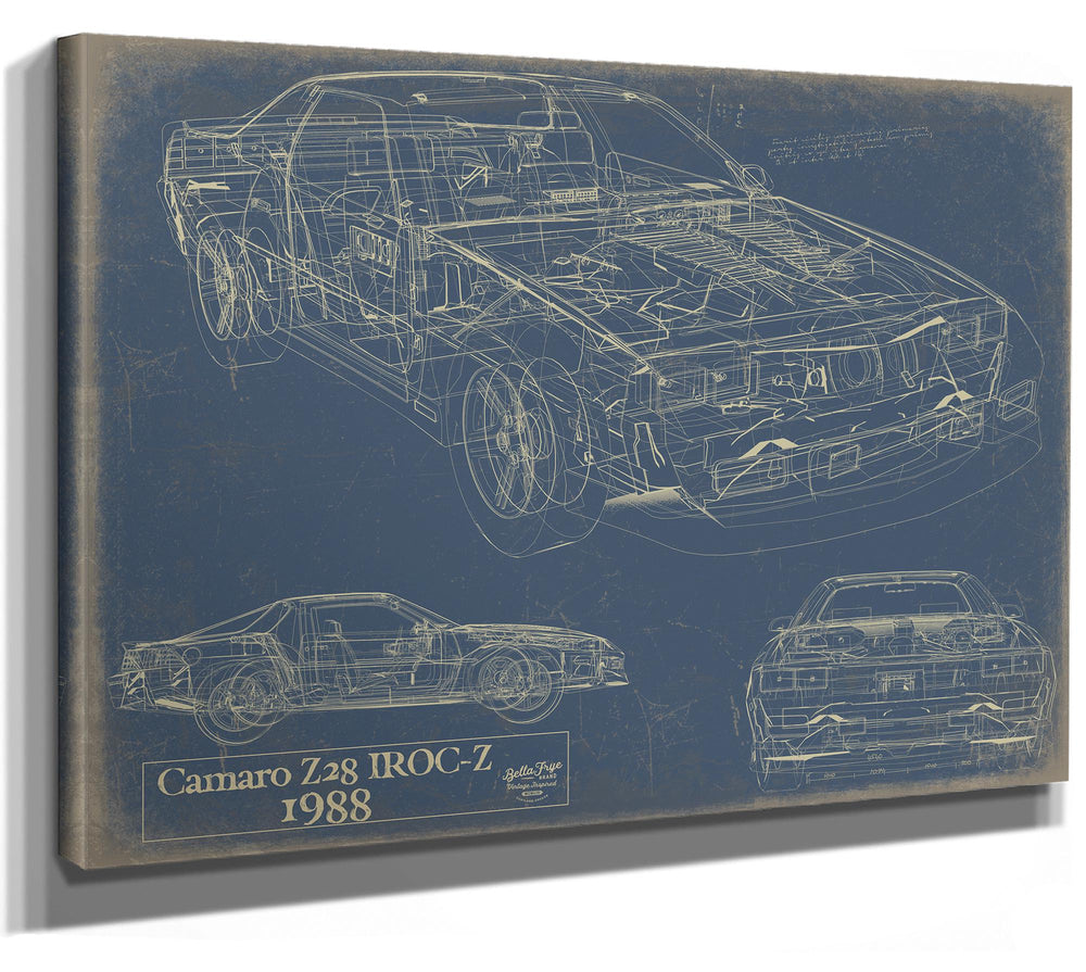 Cutler West Camaro Z28 IROC-Z 1988 blueprint on blue stretched canvas showing three technical views of the vehicle