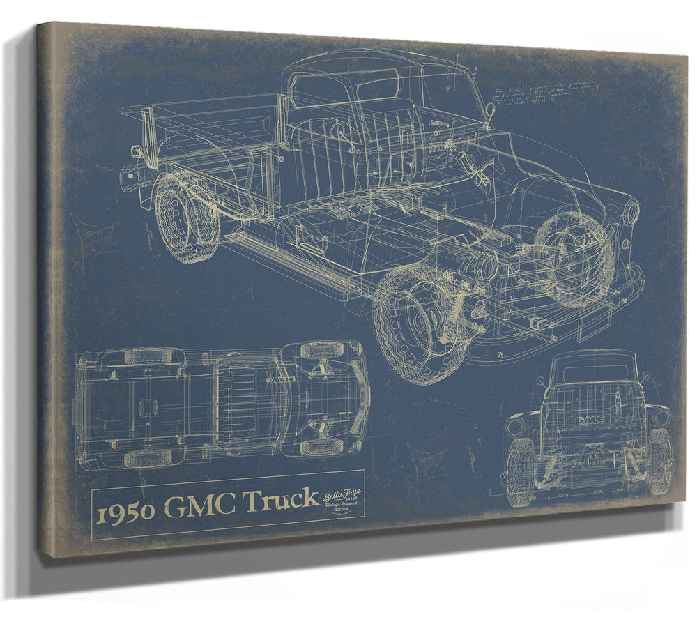 Cutler West 1950 GMC Truck blueprint print on blue stretched canvas wrap showing isometric and top-down technical views