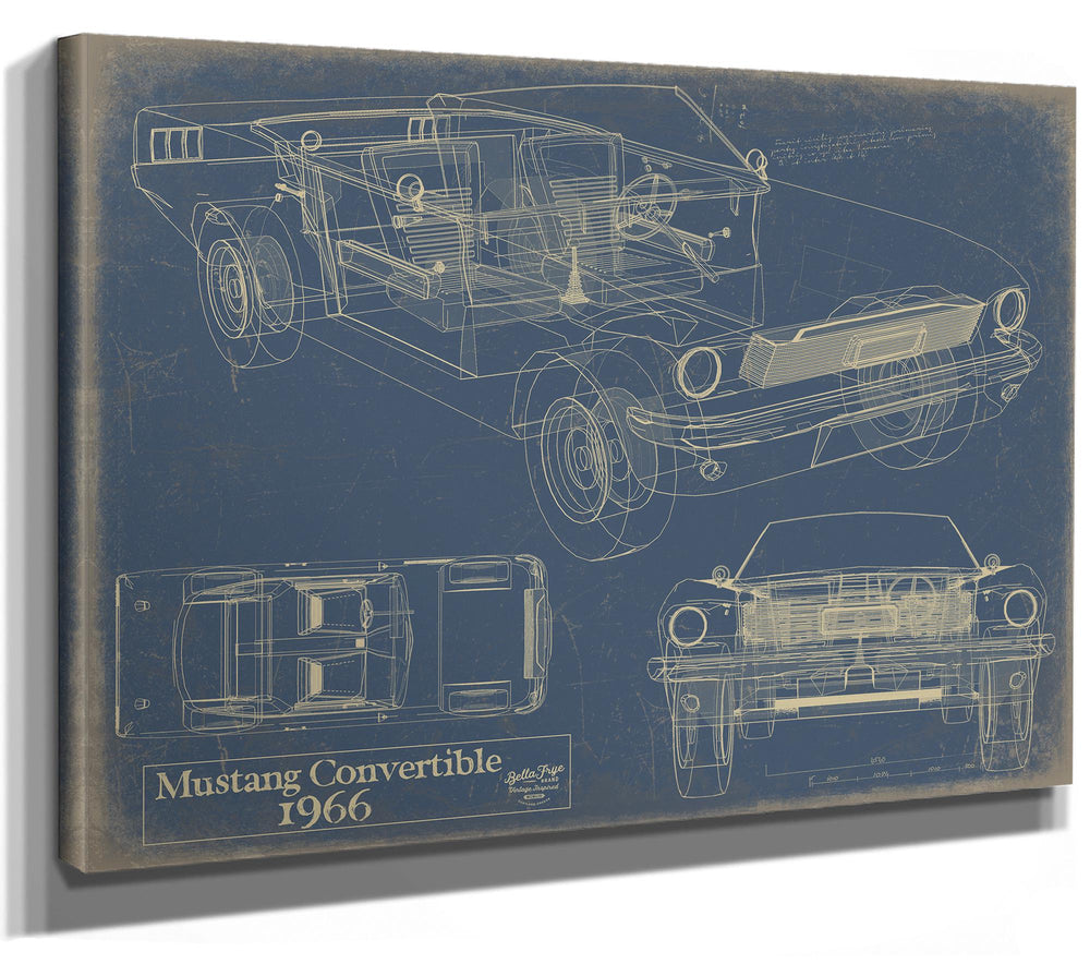 Cutler West 1966 Mustang Convertible technical blueprint on blue background, stretched canvas wrap