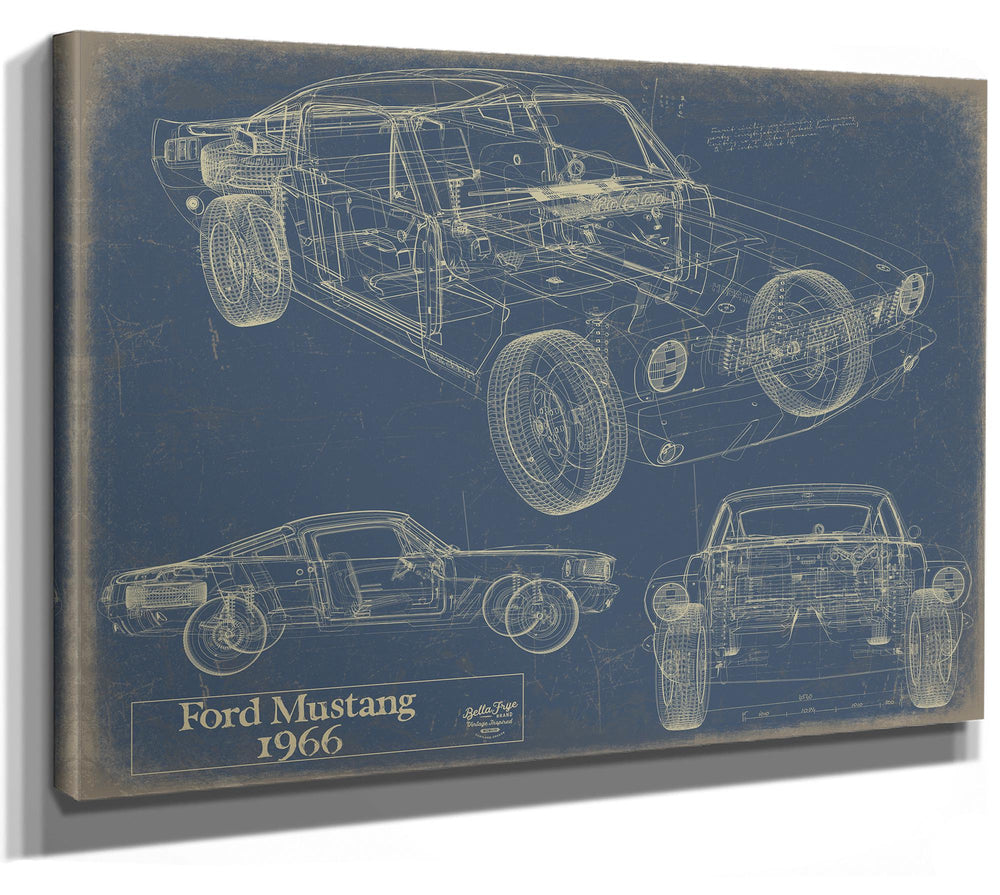 Cutler West 1966 Ford Mustang blueprint print on stretched canvas wrap with blue background showing three vehicle perspectives