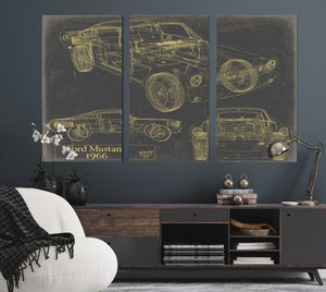 Cutler West Vintage 1966 Mustang Coupe Car Model Print, Original Blueprint Canvas