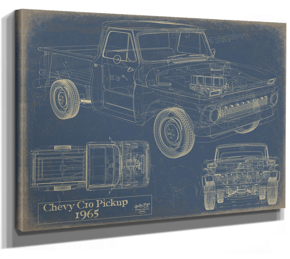 Cutler West 1965 Chevy C10 Pickup blueprint with multiple views on blue stretched canvas