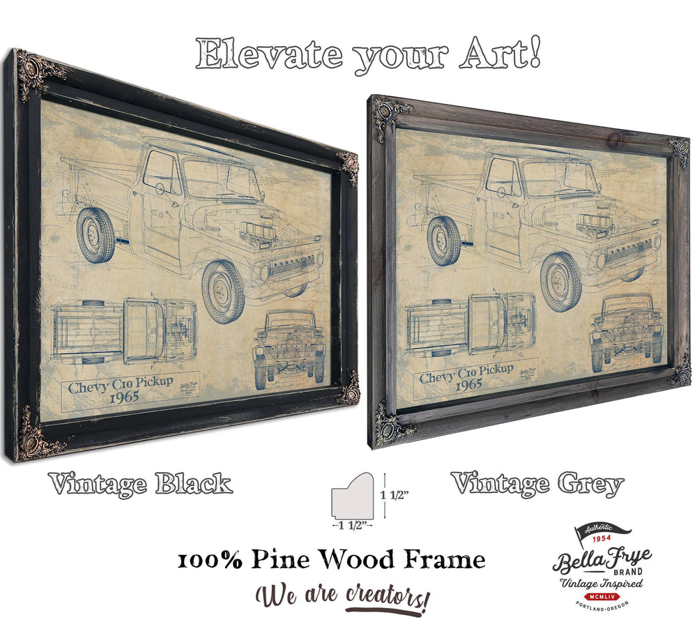 Cutler West 1965 Chevy C10 Pickup blueprint with multiple views on blue stretched canvas