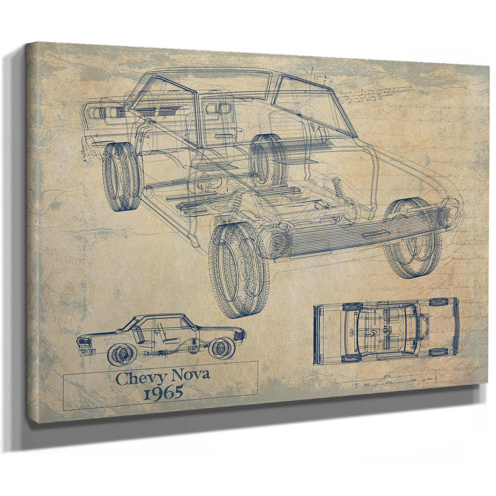 Cutler West 1965 Chevy Nova blueprint with side elevation and top-down views on tan canvas wrap
