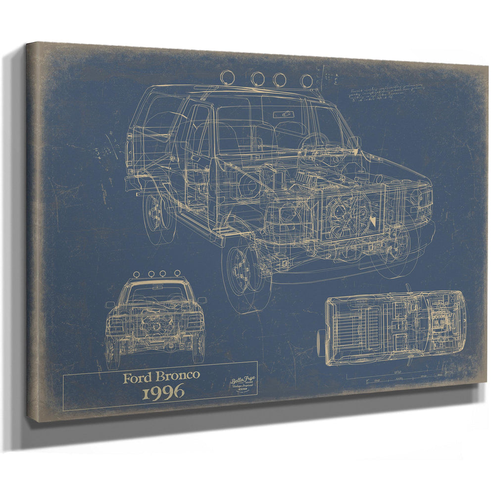 Cutler West 1996 Ford Bronco blueprint with multiple angles on blue background, stretched canvas wrap