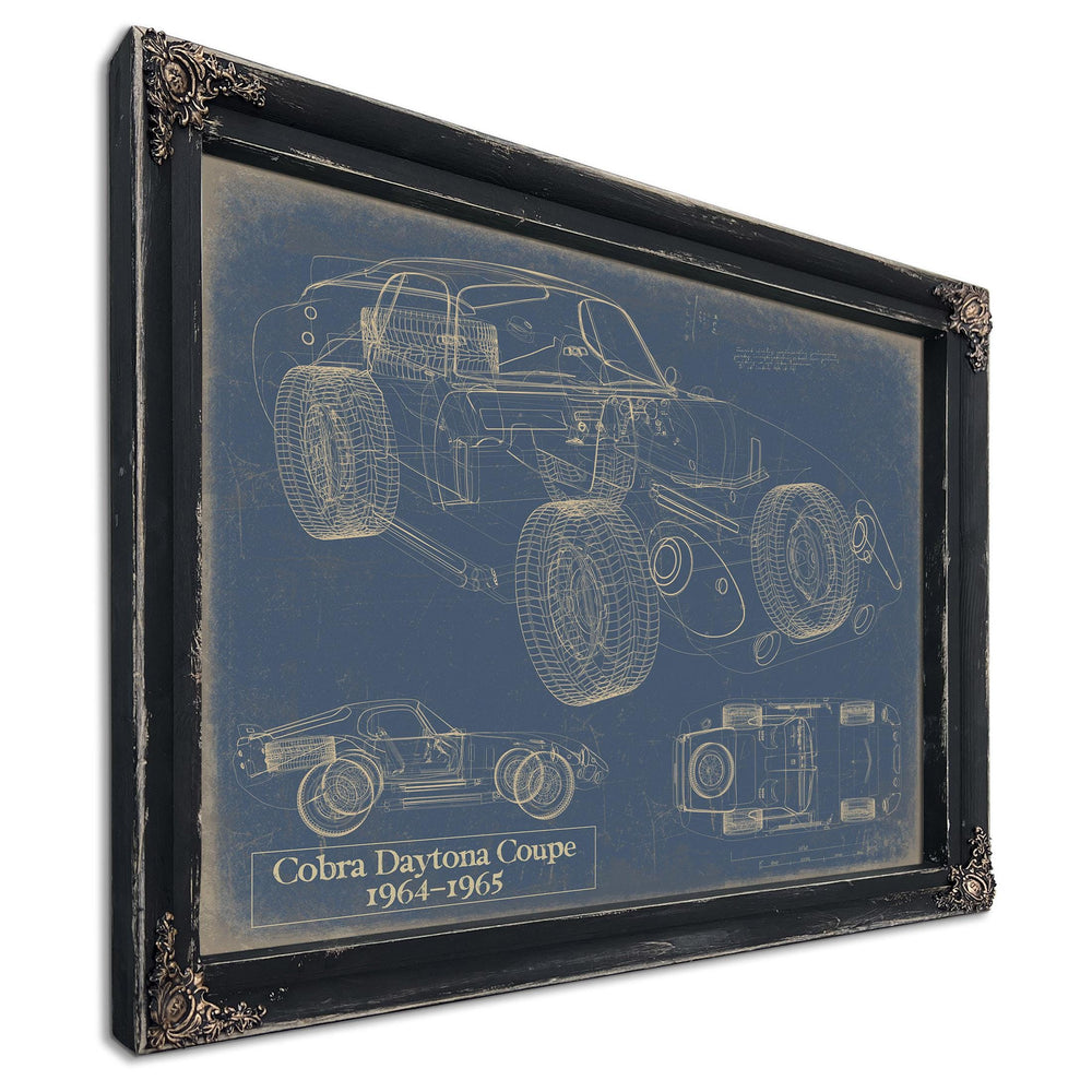 Cutler West Cobra Daytona Coupe 1964-1965 blueprint print in black frame on blue background