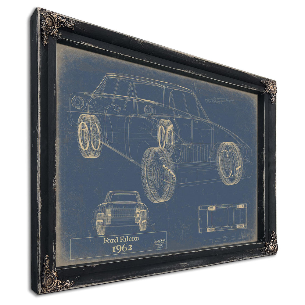 Cutler West 1962 Ford Falcon blueprint print in black frame on blue background, showing side elevation and detail views