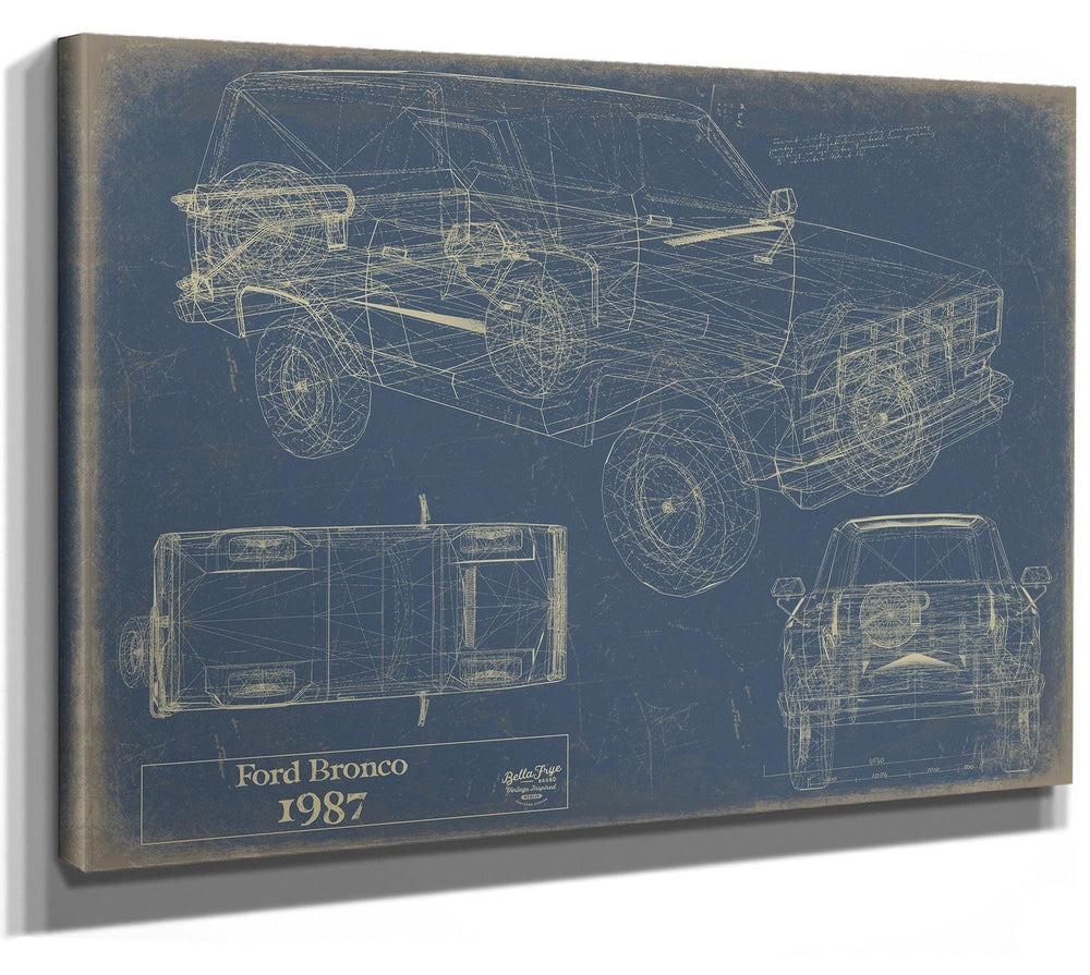 Cutler West 1987 Ford Bronco blueprint with multiple technical views on blue background, stretched canvas