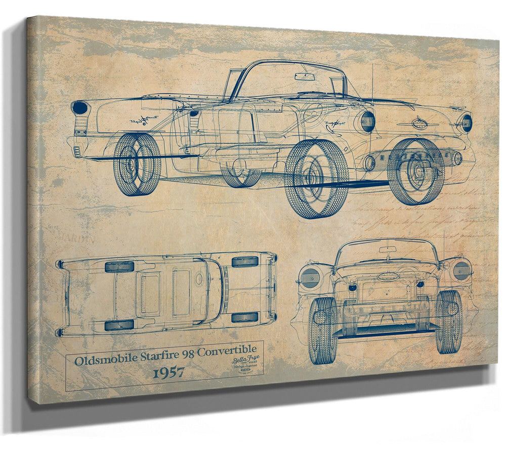 Cutler West 1957 Oldsmobile Starfire 98 Convertible technical blueprint on brown stretched canvas with top, bottom, and front views
