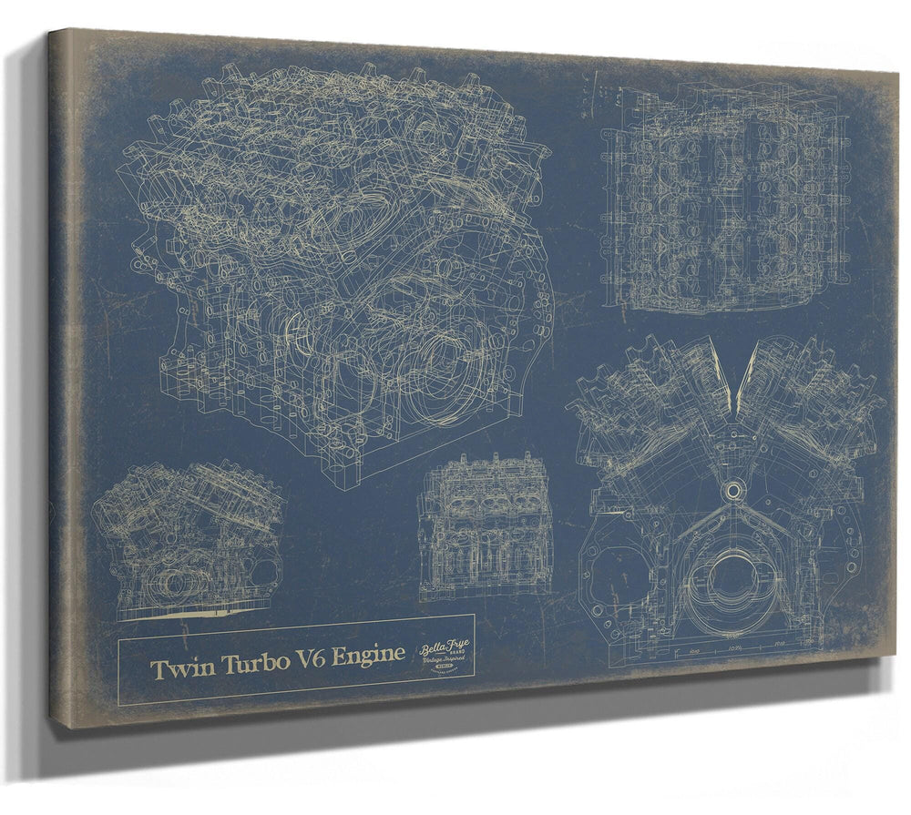 Cutler West Twin Turbo V6 Engine blueprint print on blue stretched canvas wrap showing multiple technical views