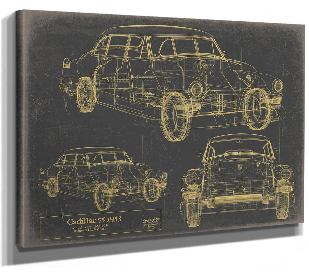Cutler West Cadillac 75 1953 stretched canvas wrap with gold blueprint lines on grey background showing three vehicle views